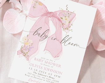 Rosa Blumenbogen-Babyparty einladen, kokette moderne Bogen-Baby-Babyparty-Schablone, erröten rosa Frühlingseinladung, Kokett-Baby in der Blüte