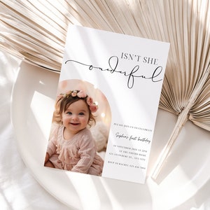 Editable First Birthday Invitation, 1st Birthday for Girls, Little miss Onederful 1st Birthday Invitation with Picture, Boho, Minimalist