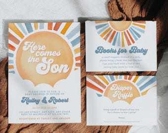 Editable Sunshine Baby Shower Invitation Set, Here Comes the Son Baby Shower Invite Bundle, Boy Sonshine Baby Shower Summer Spring Boho