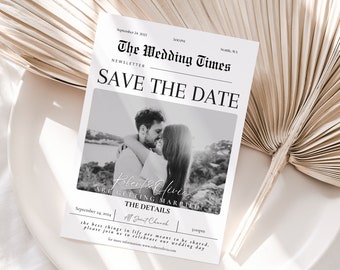 Save The Date Wedding Newspaper Template, Save The Date Newspaper Program Proposal, Printable Wedding Invitation, Digital Wedding Template