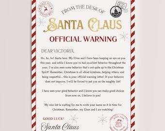 Bearbeitbarer Warnbrief von der Weihnachtsvorlage, druckbar Nordpol SANTA CLAUS Elf Mail offizielle Warnung, unangemessenes Verhalten Brief, druckbar