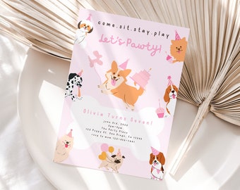 May include: Pink and white birthday party invitation with the text "come sit. stay. play. let's pawty!" and a cartoon illustration of dogs wearing party hats. The invitation says "Olivia Turns Seven!" and includes the date, time, and location of the party.