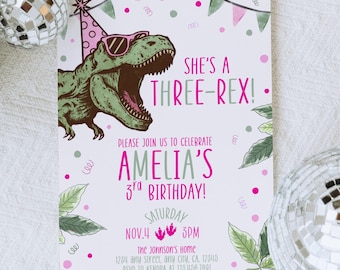 Pastel Dinosaur Birthday Invitation, Girls 3rd Birthday T Rex Party Editable Invite, Cute Dino Pink T rex Birthday Editable Digital Template