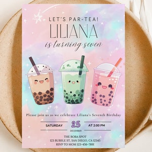 Boba Tea Geburtstagseinladung, Boba Par-Tea Geburtstagseinladung, Kindergeburtstag digitale Einladung, Boba Party einladen