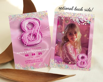 Editable 8th Birthday Invitation with Photo, Glitter Foil Balloon Birthday Party Invite, Eighth Birthday Invitation, Digital Invite, Boho