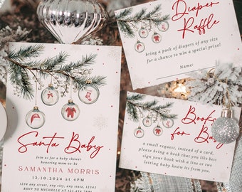 May include: A Christmas-themed baby shower invitation with a red and white color scheme. The invitation features a watercolor illustration of a pine branch with ornaments and the text "Santa Baby". The invitation also includes the name of the mom-to-be, the date and time of the shower, and the address.
