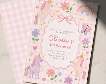 May include: A rectangular birthday invitation card featuring a pink and white gingham pattern. The design includes illustrations of unicorns, flowers, a butterfly, and a rainbow. Text reads: Join us for a magical day to celebrate Olivia's 3rd Birthday!