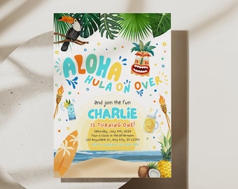 May include: A colorful invitation for a luau themed birthday party. The invitation features a toucan, a tiki mask, and the text "Aloha Hula On Over" and "Charlie is turning one!"