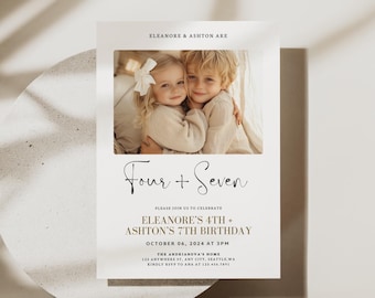 Joint Birthday Invitation with Photo, Sibling Birthday Invitation, Sibling Birthday Party Invite, Boho Minimalist Joint Birthday Invitation