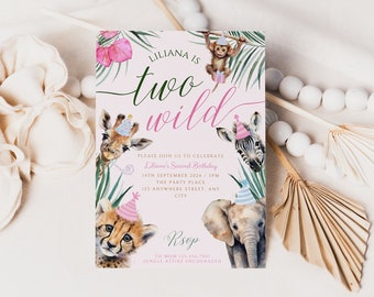 Two Wild Second Birthday Invite, Girl Invite, Safari 2nd Birthday Party, Jungle Animal Birthday, Boho, Party Animals Invite Two