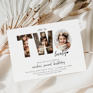 Invitation photo modifiable pour le deuxième anniversaire, Invitation minimale du 2e anniversaire, 2e anniversaire Boho, Invitation numérique, Invitation 7 x 5 pour bébé, deux
