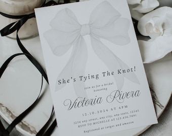 She's Tying the Knot Bridal Shower Invitation Template, Minimalist White Bow Bridal Shower Invite Elegant Ribbon, Coquette, Bridal Shower