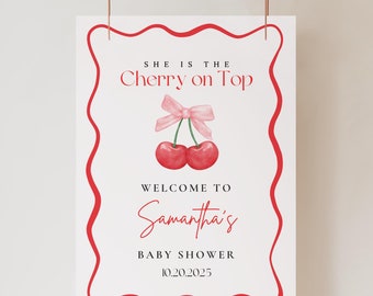 Cherry Baby Shower Welcome Sign, Cherry on top Sign, Modern Baby Shower, Coquette Baby Shower, Pink bow berries Minimal Girl Baby Shower