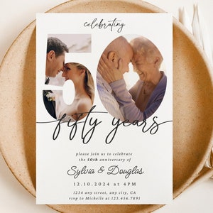 May include: A white invitation card with a black and white photo of a couple in the number 50. The text reads "celebrating fifty years please join us to celebrate the 50th anniversary of Sylvia & Douglas 12.10.2024 at 4PM 1234 any street, any city, CA rsvp to Michelle at 123.456.7891"