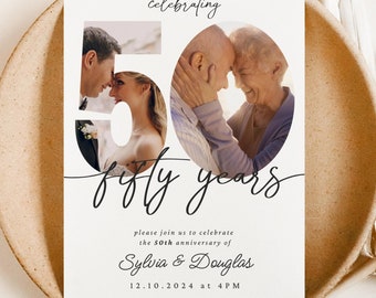 May include: A white invitation card with a black and white photo of a couple in the number 50. The text reads "celebrating fifty years please join us to celebrate the 50th anniversary of Sylvia & Douglas 12.10.2024 at 4PM 1234 any street, any city, CA rsvp to Michelle at 123.456.7891"