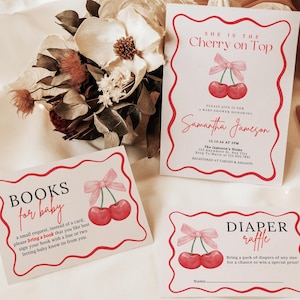 Kirsch-Babyparty-Einladungs-Paket, Kirsche auf die Spitze einladen, Moderne Babyparty-Einladung, Kokette, rosa Bogenbeeren Minimale Mädchen-Babyparty