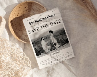 Save The Date Wedding Newspaper Template, Save The Date Newspaper Program Proposal, Printable Wedding Invitation, Digital Wedding Template