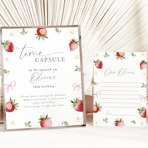 Coquette Berry First Birthday Time Capsule, Pink Bow Strawberry 1st Birthday Sign, Girls 1st Birthday Boho Invite, Daisy Aesthetic Editable