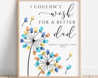 Pode incluir: Uma impressão emoldurada com o texto "I couldn't wish for a better dad" em escrita elegante. A obra de arte apresenta flores coloridas em forma de dente-de-leão em tons de azul, amarelo e laranja. As palavras "Happy Father's Day 2026" também estão incluídas.