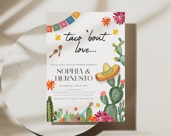 Peut inclure: Une carte d'invitation blanche avec un motif coloré de cactus et de fleurs. Le texte indique "taco 'bout love..." et "Sophia & Hernesto".