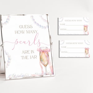 Indovina quante perle Segno, Modificabile Indovina quante perle Carte, Giochi per addio al nubilato, Gioco perle e prosecco, Civetta, Fiocco rosa Modificabile