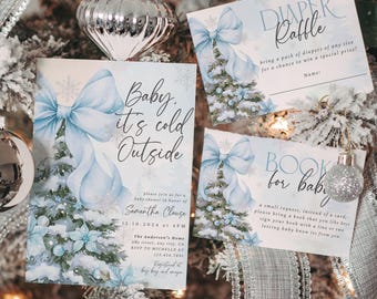May include: Baby shower invitations and inserts with a winter theme. The invitation reads "Baby, it's cold Outside" with a watercolor illustration of a Christmas tree and a blue bow. The inserts include a diaper raffle and a book request.