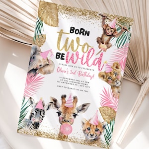 Two Wild Second Birthday Invite, Born Two Be Wild, Safari 2nd Birthday Party, Jungle Animal Birthday, Party Animals Invite Two, Glitter