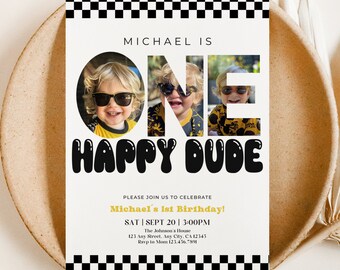 One Happy Dude Birthday Invite, 1st birthday Invite with Photo, Boy 1st birthday invite, Digital invite, One Cool Dude, Groovy Invite