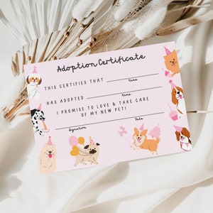 Hond certificaat van adoptie bewerkbaar & dierenartscontrole, laten we Pawty Dog Adoption afdrukbaar, Dog Pawty Adoption Instant Download, Adopteer een hond