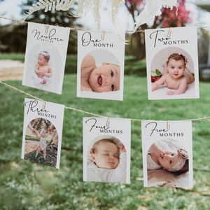 Banner fotografico per il primo compleanno, modello digitale, primo anno del bambino modificabile, carte cardine mensili, ghirlanda fotografica moderna, stampabile, minimale