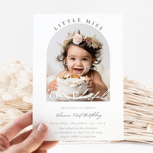 Editable First Birthday Invitation, 1st Birthday for Girls, Little miss Onederful 1st Birthday Invitation with Picture, Boho, Minimalist