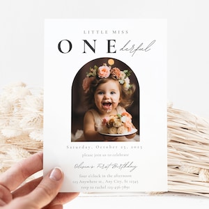 Bearbeitbare erste Geburtstagseinladung, 1. Geburtstag für Mädchen, Little Miss Onederful 1. Geburtstagseinladung mit Bild, Boho, Minimalist