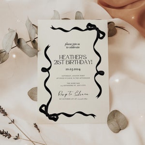 Self Editable Modern Birthday Party Invitation, Bow invitation, 21st Invite, 30th, 40th, Birthday Invite, Retro, Coquette, Boho, Aesthetic