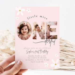 Editable First Birthday Invitation, 1st Daisy Birthday for Girls, Little miss Onederful 1st Birthday Invitation with Picture, Boho, Pretty