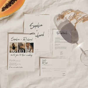 Suite minimale de faire-part de mariage avec photo, parure de mariage, suite de faire-part photo moderne, lot de détails de réception numérique, demande de réservation, mariage