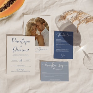 Suite de faire-part de mariage bleu clair, parure de mariage moderne, faire-part de mariage en français, photo de faire-part de mariage, faire-part de mariage bleu, numérique