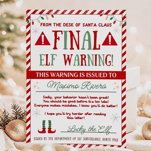 Plantilla de carta de advertencia editable de un elfo, carta de advertencia oficial de un elfo del Polo Norte imprimible, carta de mala conducta, elfos de Papá Noel imprimibles