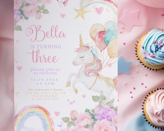 Unicorn and Rainbow birthday invitation, Glitter Magical birthday party invite, Digital Editable, Rainbow unicorn flowers gold glitter