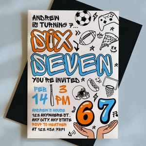 6-7 Sports Birthday Invitation, Editable Meme Trending Six Seven Party Invite, Bruh, Boy Birthday, Kids Birthday Digital Invite Graffiti image 1