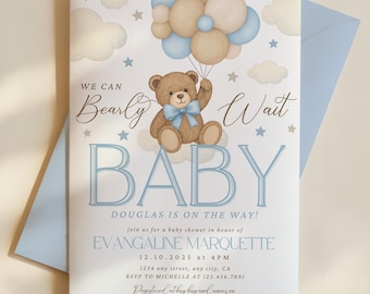 We Can Bearly Wait Baby Shower Invitation, Blue Boy Teddy Bear Baby Shower Editable Invite Blue Boho Teddy Bear Baby Shower Bundle Digital