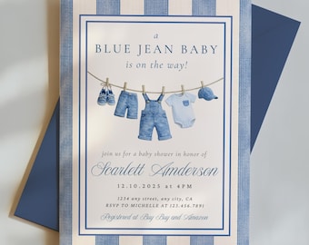 Invitación para baby shower con vaqueros azules, invitación para baby shower de mezclilla, decoración para baby shower de niño con vaqueros vaqueros occidentales, plantilla editable, tendencia digital