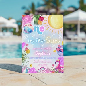 One In The Sun, 1st Birthday Party Invitation, Girls 1st Birthday, Beach Ball Summer Splish Splash Girl 1st Birthday Pool Party, Neon, Beach