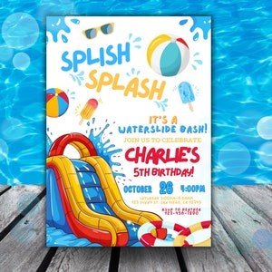 Waterslide Birthday Invitation, Boy or Girl Splash Party Invite, Pool Party Invite, WaterSlide Party, Splash Invitation, Water Slide Invite