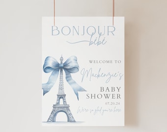 18x24 Bonjour bebe Shower Welcome Sign, Blue Boy Bonjour Bébé Baby Shower, Wieża Eiffla, Paryska kawiarnia, Paris Baby Shower, Welcome Paris