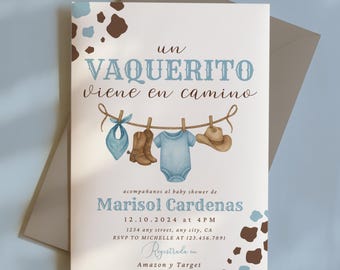 Invitación Baby Shower Vaquerito, Niño Cowboy, Fiesta del Oeste, Tema Vaquero, Editable Canva, Plantilla en Español, Descarga Instantánea