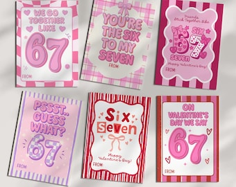 67 Slang Valentine Cards for Kids | Girl Pink Funny Classroom Valentines | Six Seven Trend Valentine | Girls Gen Z Alpha Valentine Cards