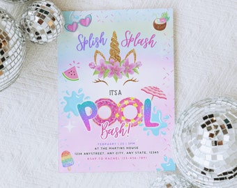 Pool Party Invitation Girl, Pool Party Unicorn Invitation, Digital Glitter Unicorn Swimming Party Invite, Self Editable Invite, Rainbow Pool