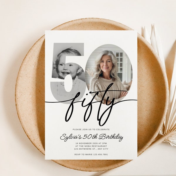 50th Birthday Invite, Look Who's 50, 50th Birthday Invitation with Photo, Simple 50th Invitation, fifty Birthday, Invite for Man Woman