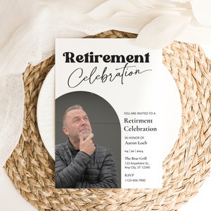 EDITIERBARE Ruhestands-Party-Einladung, Foto-minimalistische Ruhestands-Einladung, Ruhestands-Feier-Einladung, Boho-Ruhestands-Einladung