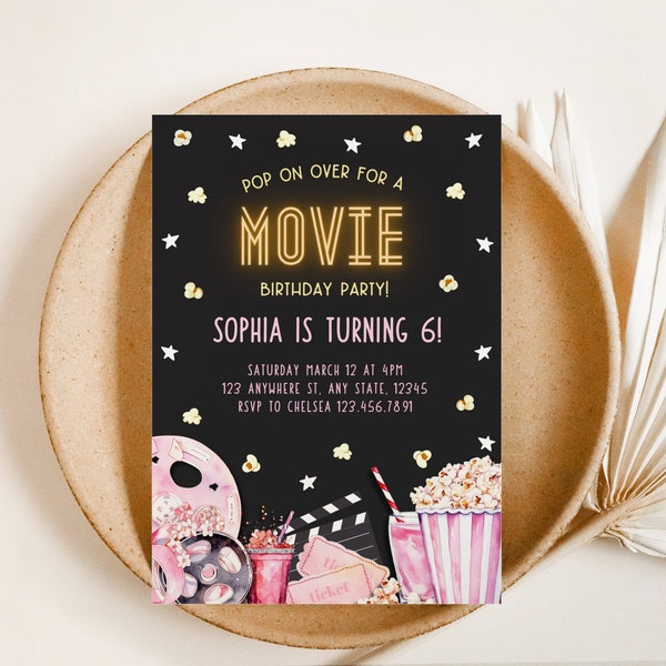 Movie Birthday Invitation, Girl Movie Birthday Invitation, Pop on over Birthday Invitation, Cinema Birthday, Movie Party Theme, Pink